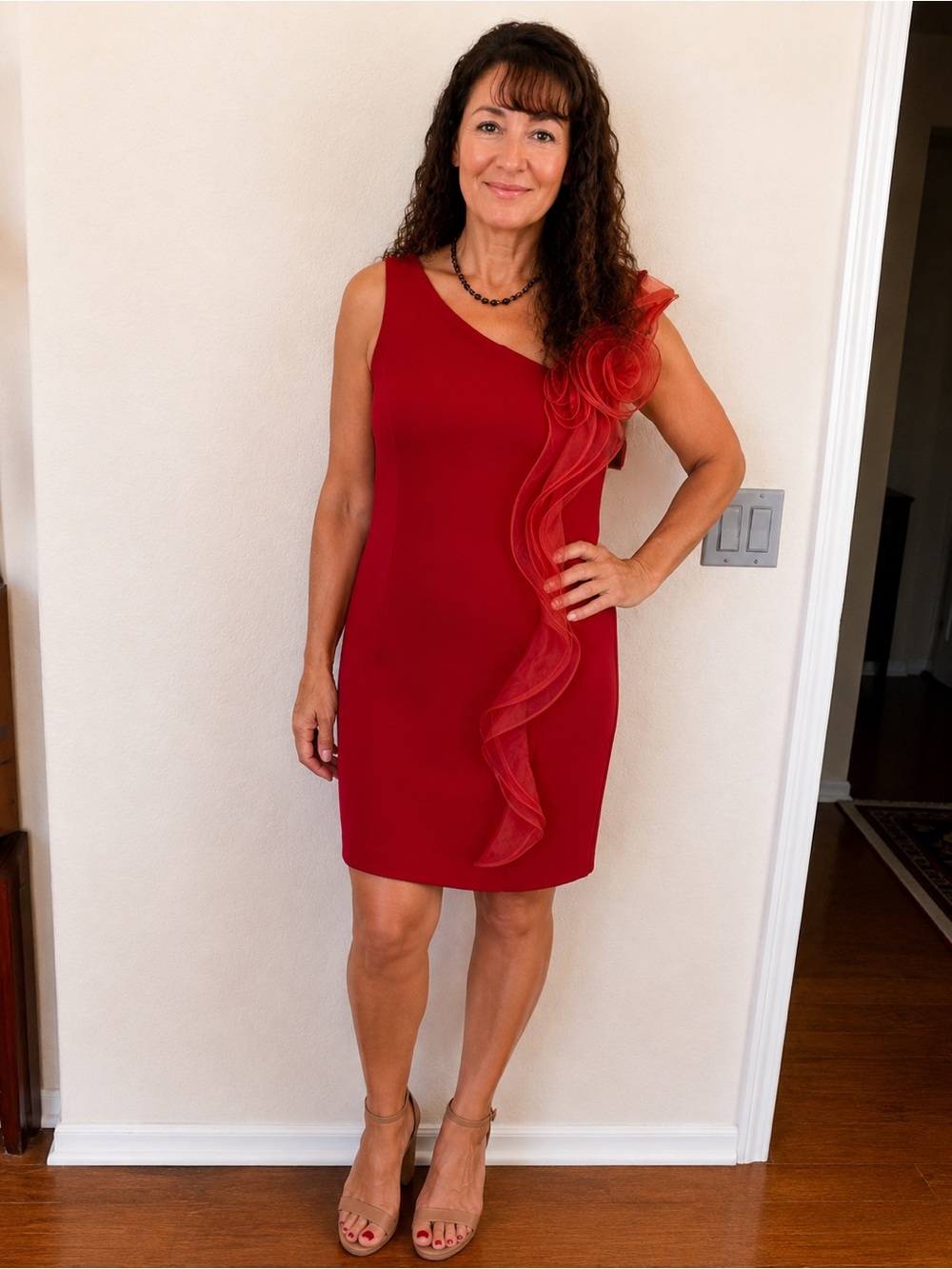 Karl Lagerfeld Crimson One-Shoulder Sheath Dress with Ruffle Detail